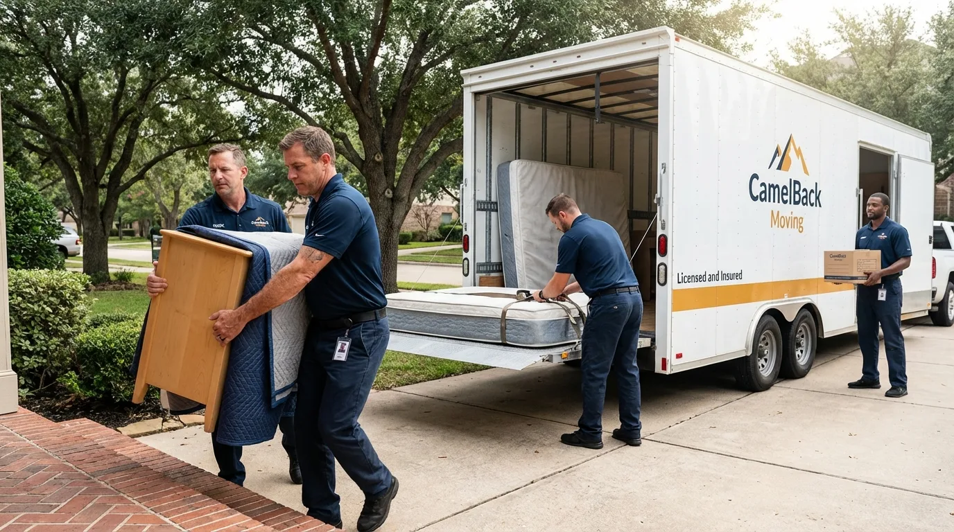 Crew loading residential truck for cross-state move from Ridge, NY