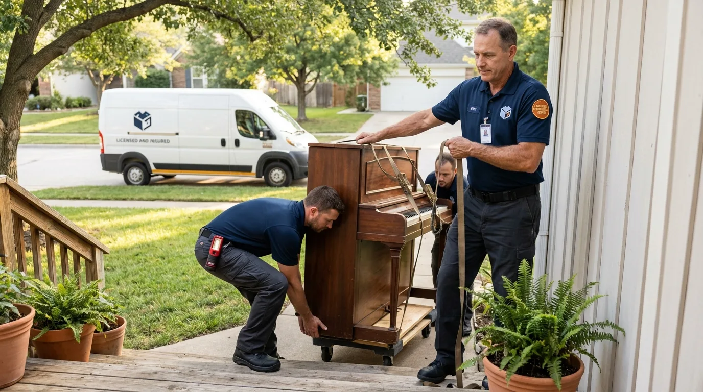 Licensed piano movers securing grand piano in Ridge, NY